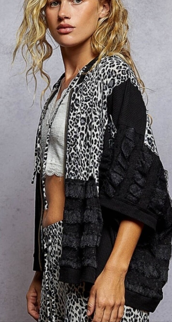 NEW! POL Leopard Print Black & White Patchwork + Lace Jacket, NWT